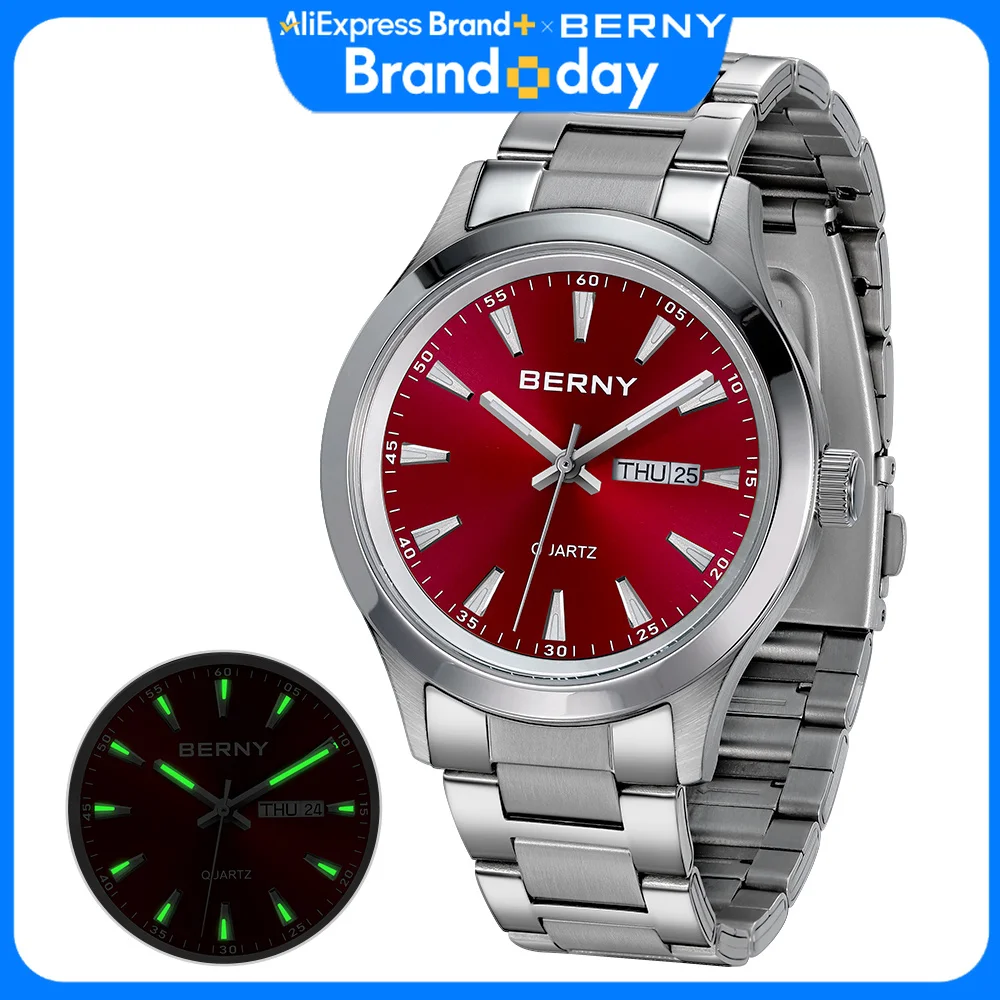 BERNY Men Quartz Watch  Fashion Texture Wristwatch for Men Ultra Thin Men Watch Calendar Luminous Stainless Steel Dress Watches