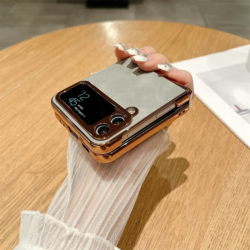 Pu Leather Trim Phone Case For Samsung Galaxy Z Flip 6 5 4 3 5G Hinge Electroplated Plastic Back Cover K02