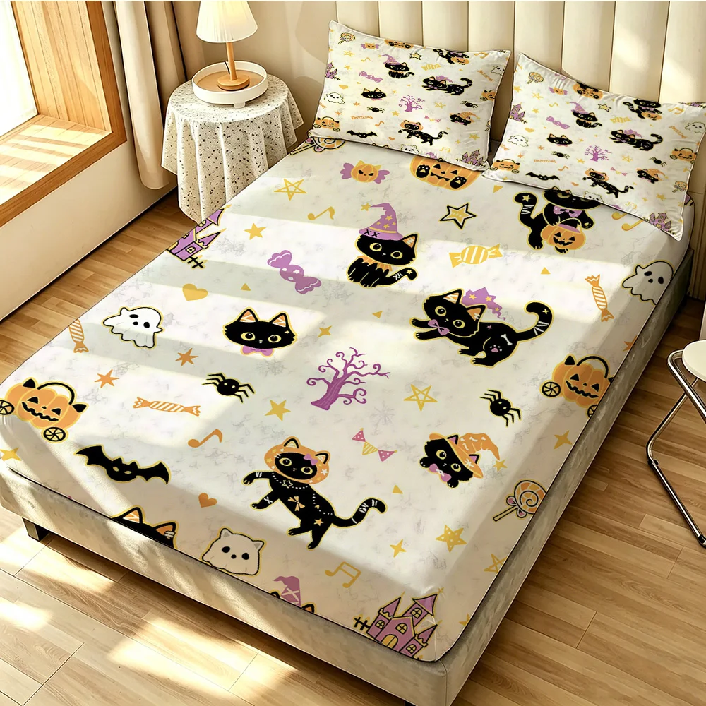 3pcs(1 duvet cover + 2 pillowcases, coreless)with a Halloween-themed design featuring black cats Available in multiple sizes