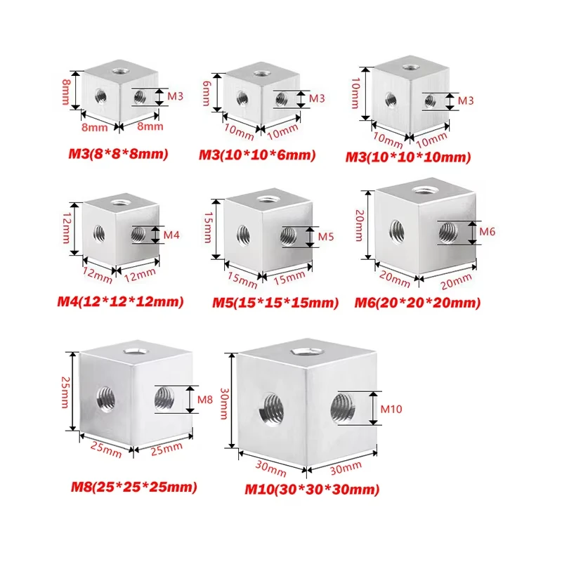 2 قطعة سبائك الألومنيوم كتلة ثابتة ستة الوجهين الجوز M3 M4 M5 M6 M8 M10 مكعب الجوز كتلة موصل لملحقات ورقة الاكريليك الثابتة #3