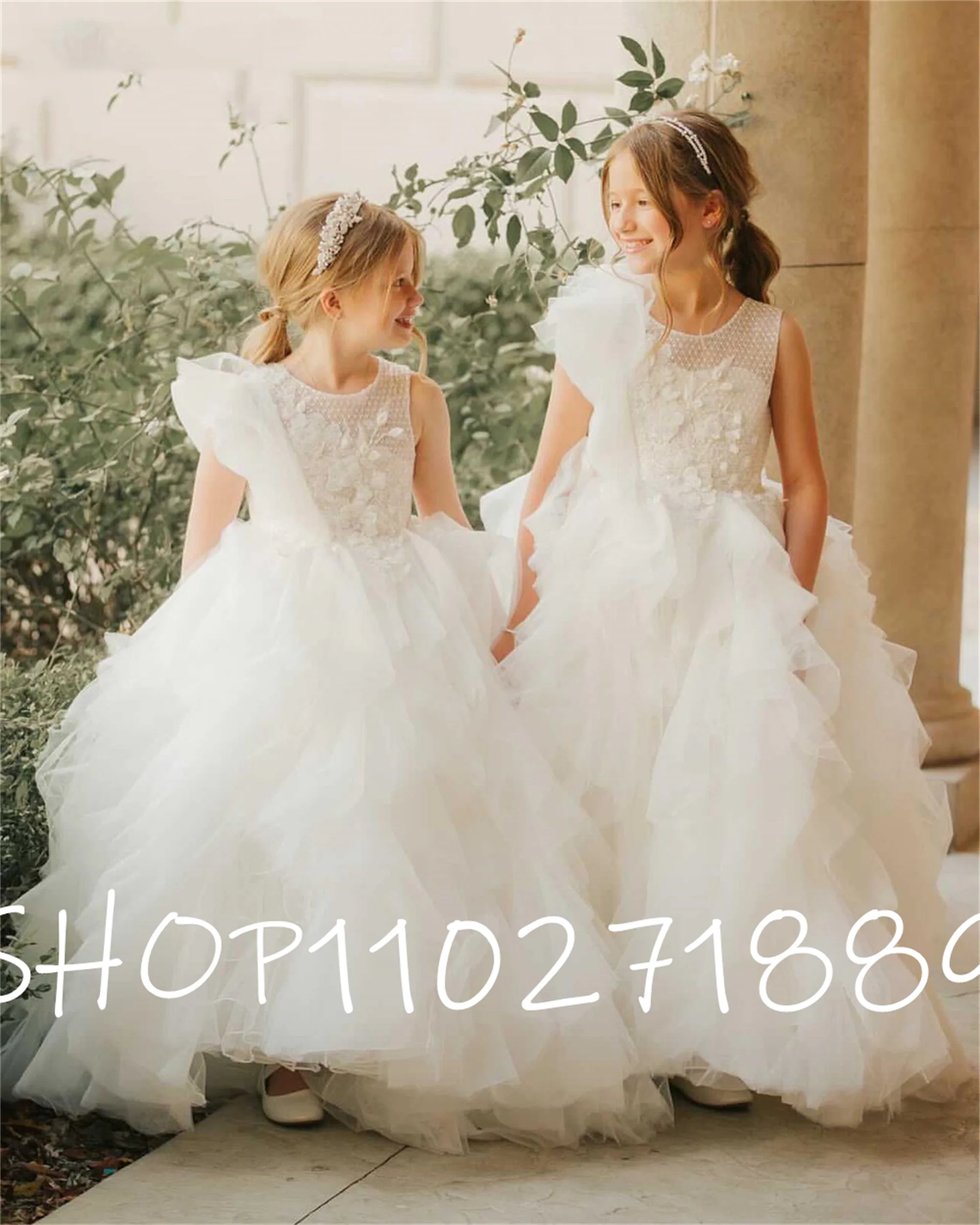 Ruffled Ivory Puffy Layered Princess Dress, Kids Birthday Dresses, Baby First Communion Flower Girl, Festa muito elegante