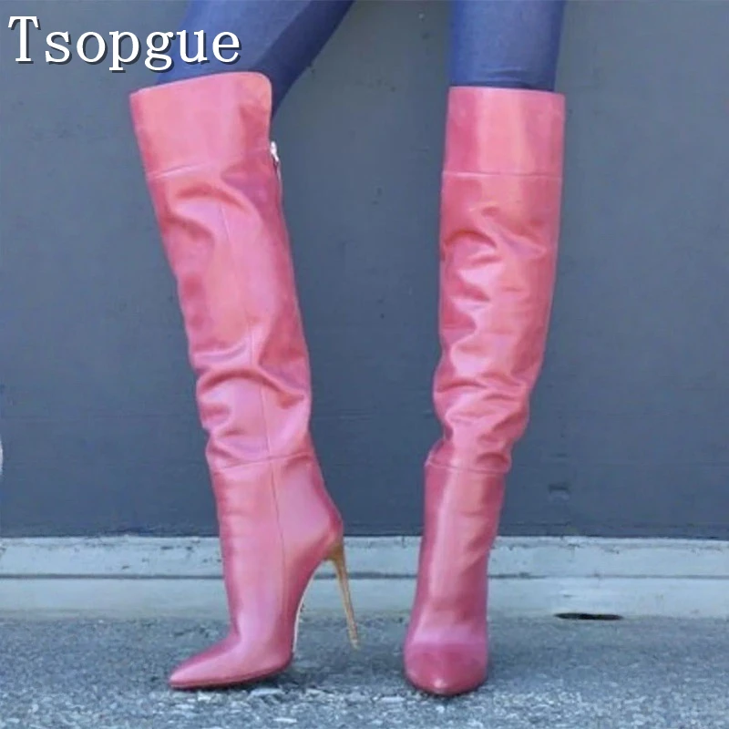 

Solid Color Pointed Toe Over The Knee Boots Women New Long Tube Side Zipper Toe Thin High Heel Winter Party Novel Cool Long Boot
