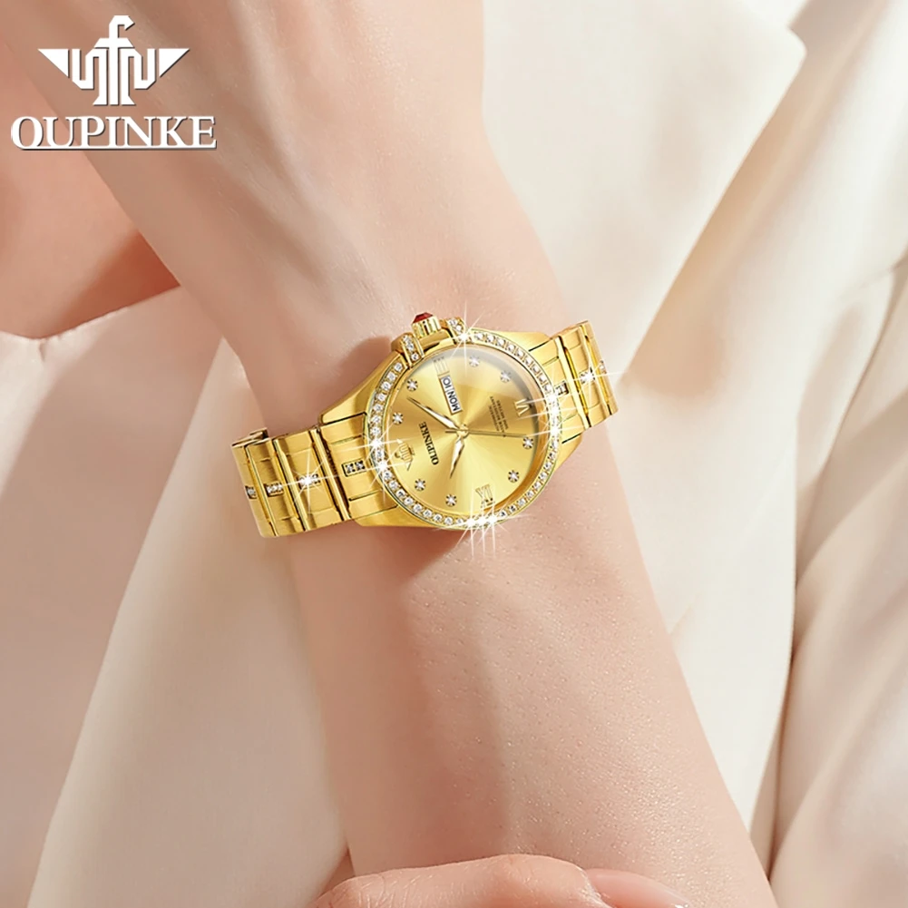 OUPINKE 3195 Women Watch Luxury Brand Imported Movement Women Diamond Watch Waterproof Double Calendar Bracelet Set Dress Watch