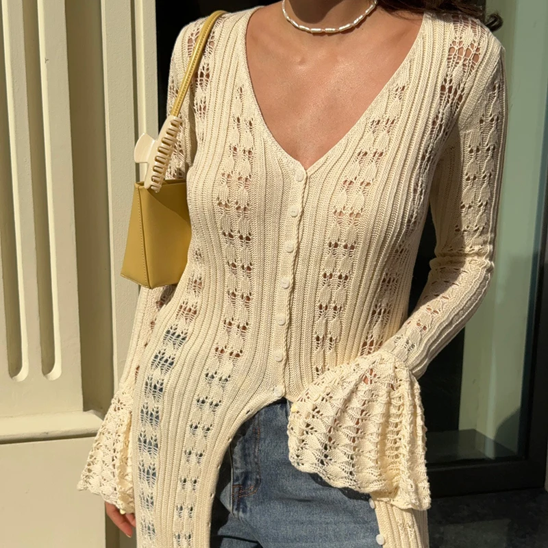 Lady Elegant V Neck Hollow Knitted Cardigan Fall Fashion Flared Sleeve Slim Solid Sweater Casual Single Breasted Commuting Coat