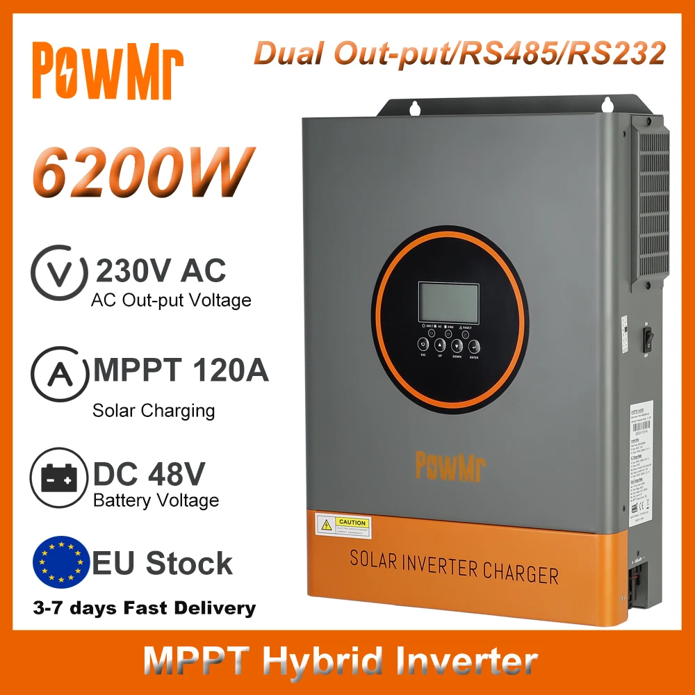 Hybrid Solar Inverters 6200W MPPT Solar Inversor 48V DC To 230V AC With 120A MPPT Solar Charger Controller Support RS485 RS232