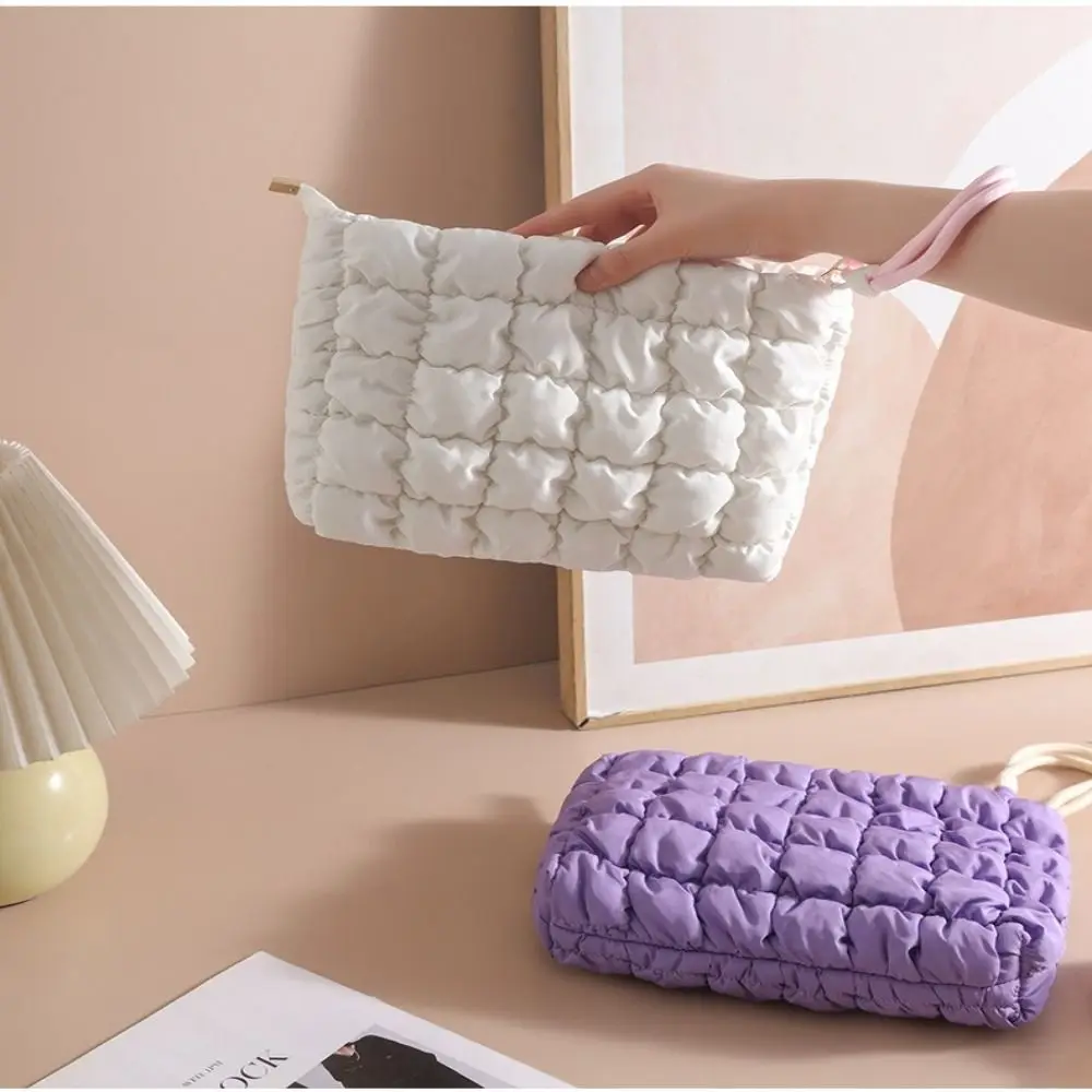 Sweet Korean Style Puffy Makeup Pouch Solid Color Large Capacity Cloud Handbag Soft With Zipper Cosmetic Bag Women Girls