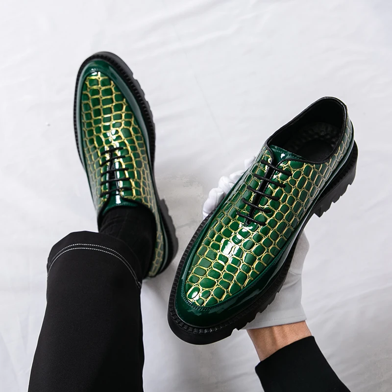 Green Men's Shoes British Style Pointed Toe Thick Bottom Heightening Formal Business Night Club Popular Hair Stylist Shoes