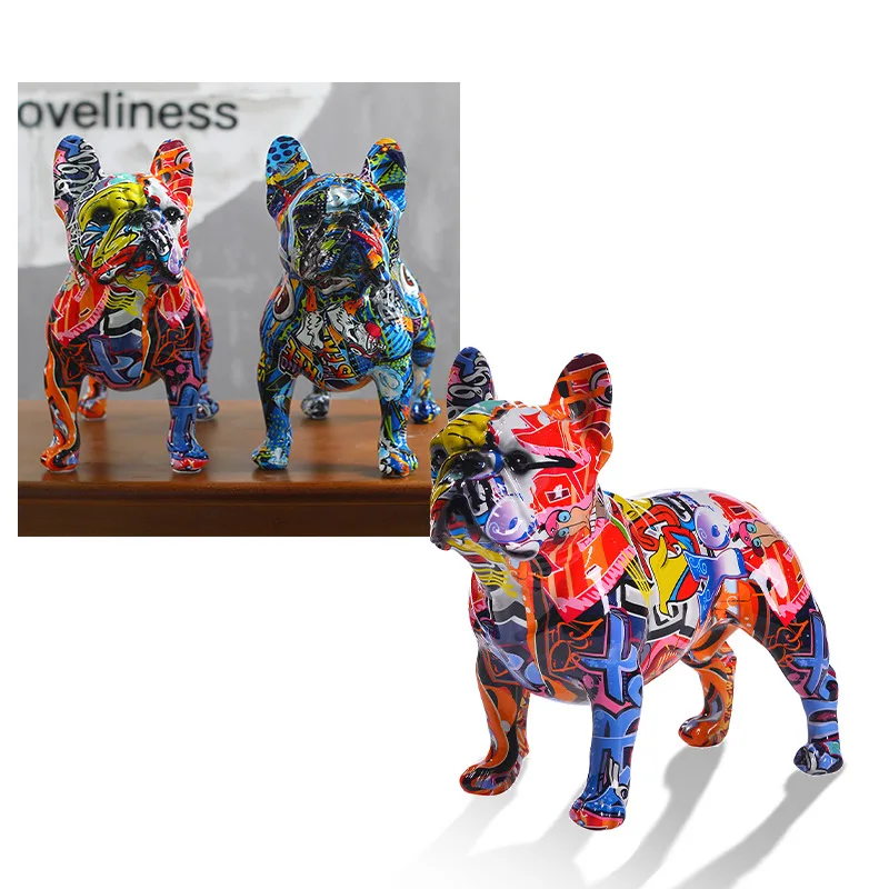 Bunte Französische Bulldogge Figur aus Kunstharz, Hundestatue, Dekoration, Haustier-Hund, Graffiti-Kunsthandwerk, Tierskulptur für den Schreibtisch, Ornament – Detail 4