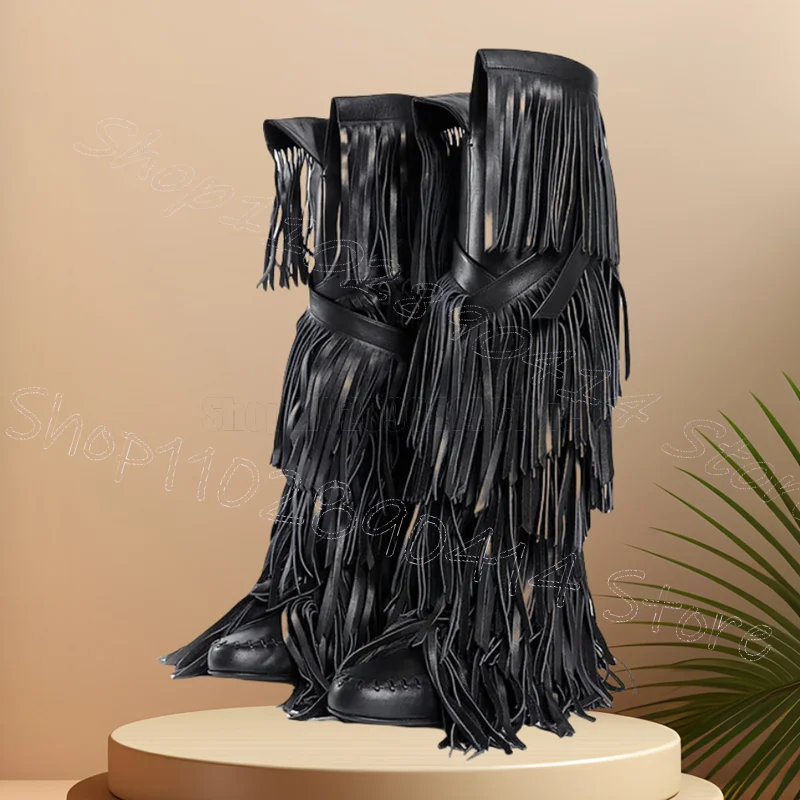 

Black Tassels Elastic Band Round Toe Boots Slip On Women Shoes Thin High Heels Sexy Party Feast Dating 2025 Zapatos Para Mujere