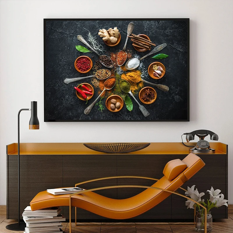 Cocina moderna, hierbas, especias, utensilios para Sushi, cuchara, cuadro artístico de pared, pintura en lienzo, obra de arte de lujo, póster