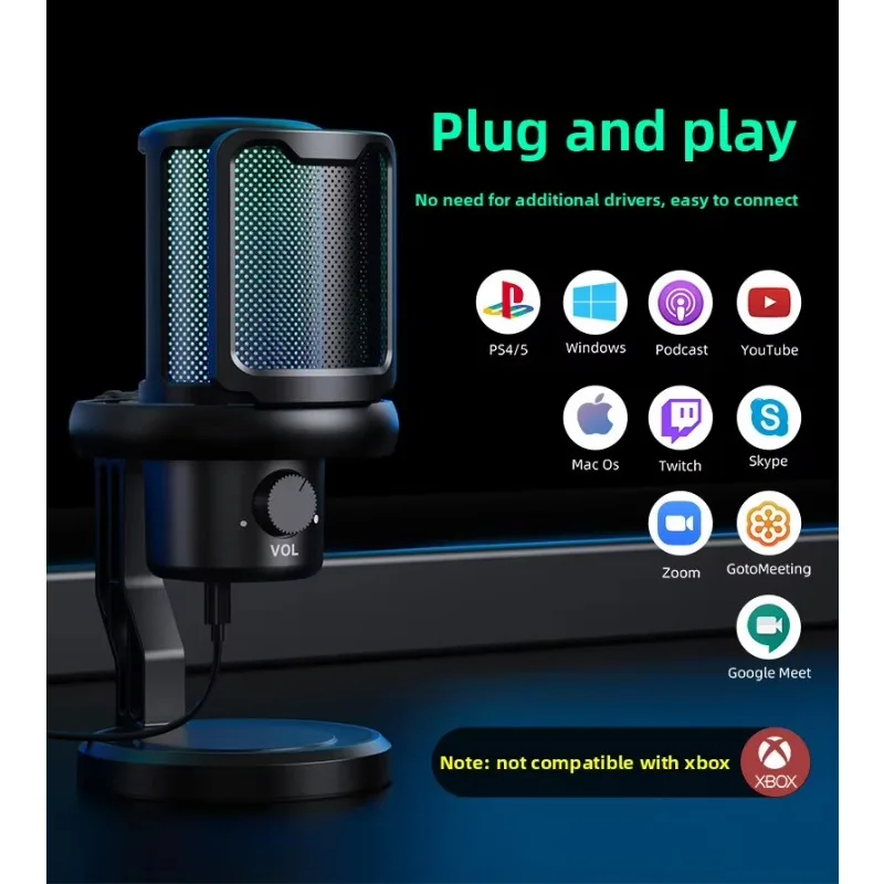 USB Gaming Microphone Condenser with RGB Lighting for PC PS4/PS5 Mac Mobile Phones - Cool Illuminated Recording Mic