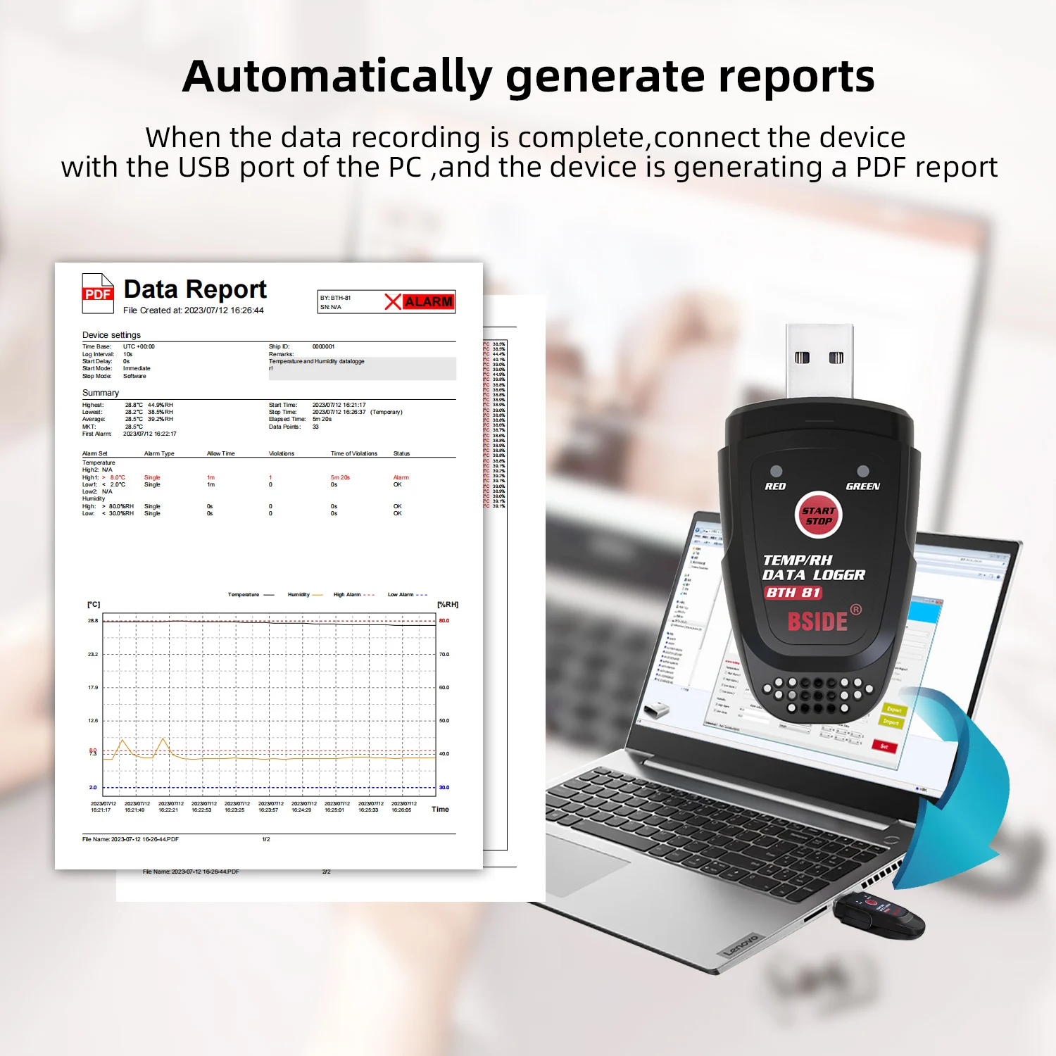 BSIDE Temperature Humidity Data Logger Smart Thermometer For Cold Chain Drug Storage, USB Automatic Generation Of PDF Reports