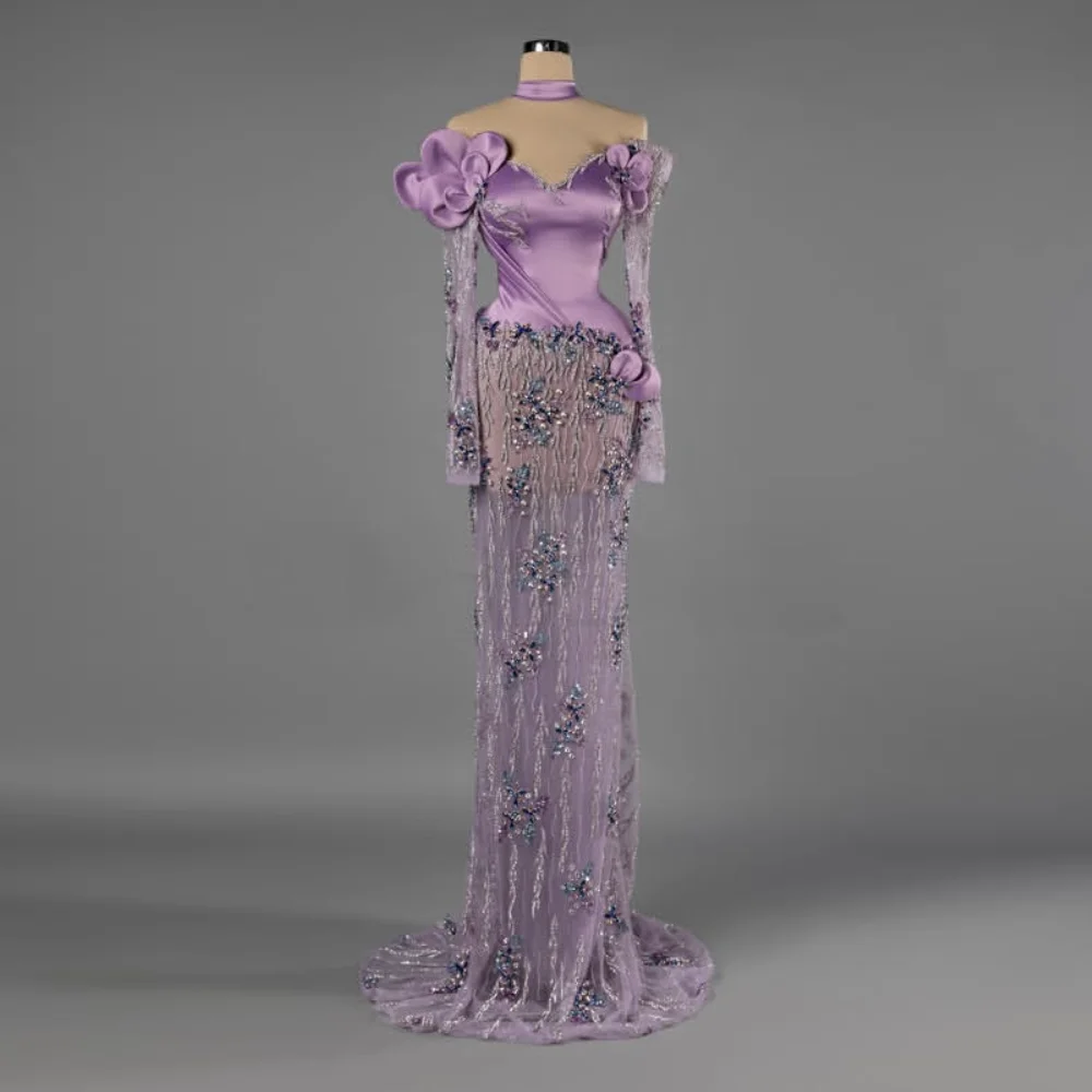 Lindo lilás vestidos de noite dubai fora do ombro alta costura mangas completas vestidos de baile tule miçangas maxi vestido floral em camadas