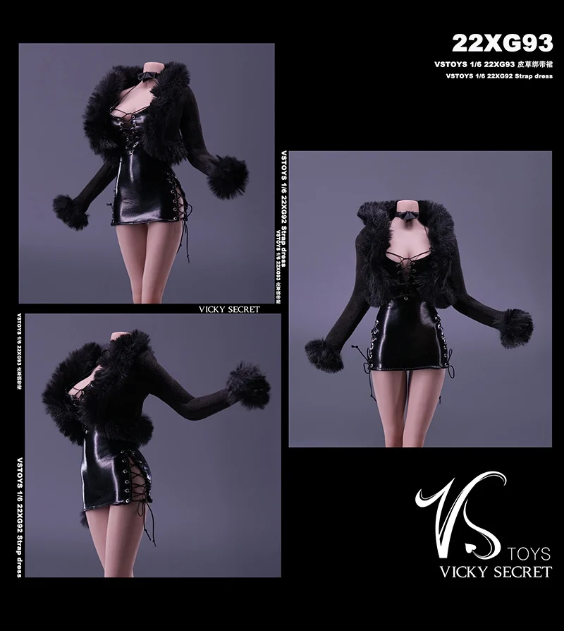 VSTOYS 22XG93 1/6 Scale female dolls clothes Sexy Black Fur Coat Lace-up Dress Suit fit 12'' action figure body model