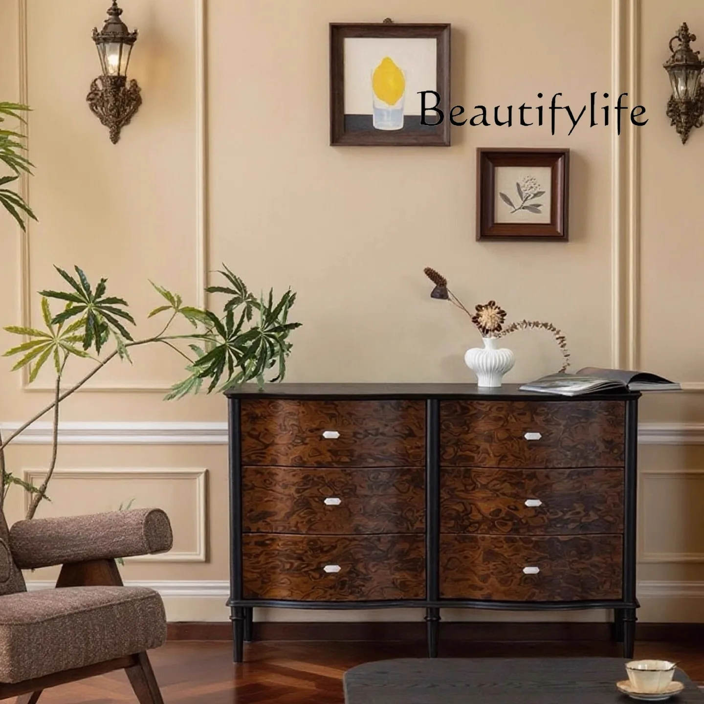 

French retro solid wood chest, living room, tree-shaped entrance storage cabinet, American old storage decoration