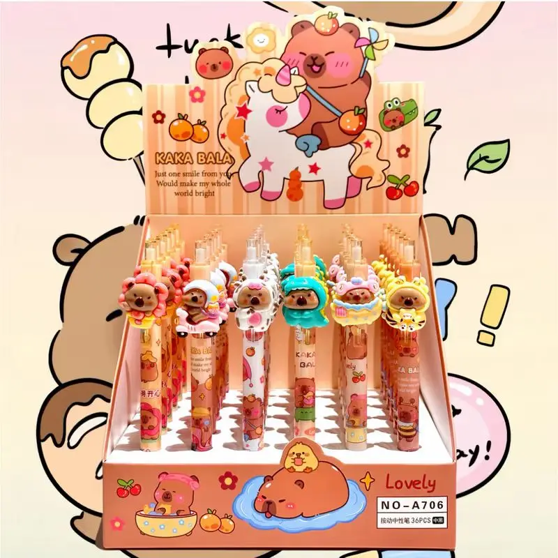 

36pcs Gel Pen Capibala Cartoon Resin Kawaii Press Ballpoint Pen Modeling 0.5mm Black Value Student Writing School Supplies