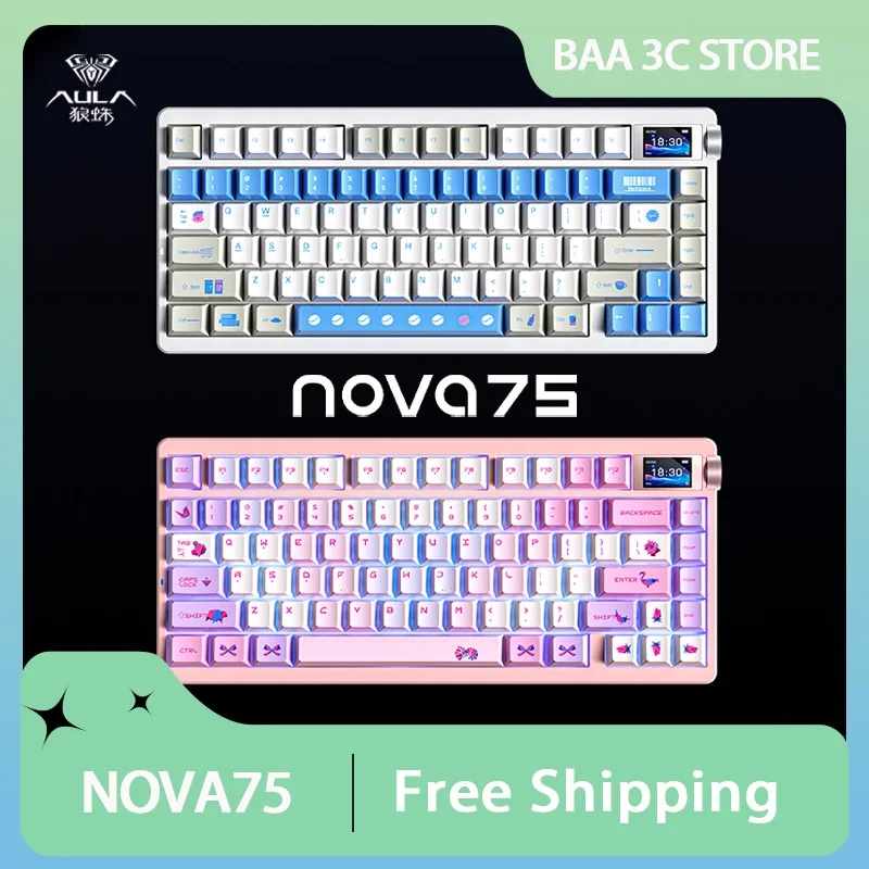 

Aula NOVA75 Mechanical Keyboard Tri-mode Wireless Bluetooth Custom Hot Swap 1.14 Inch Screen with Metal Knob Gaming Keyboard