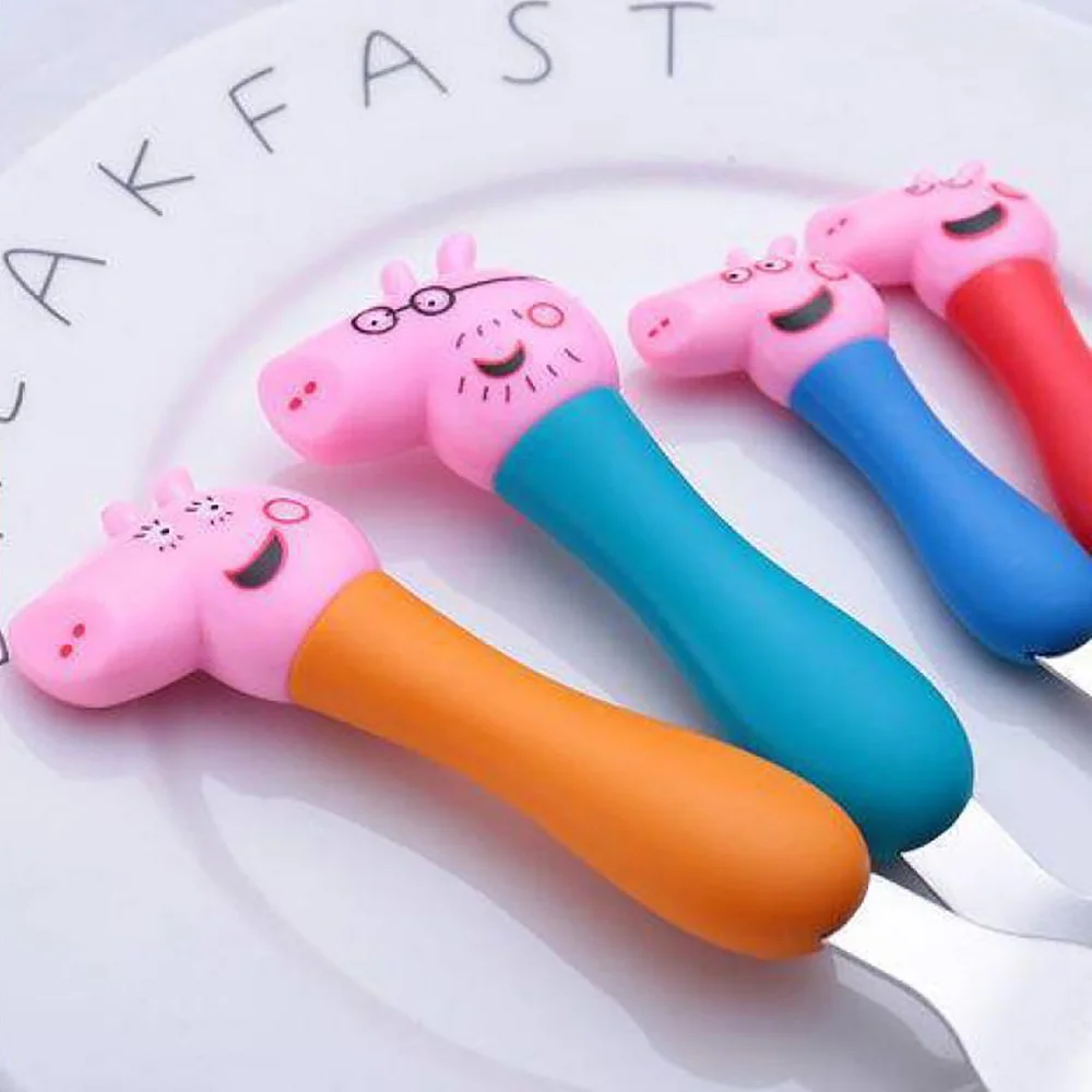 Peppa Pig Cartoon Cutlery Set Stainless Steel Spoon Fork George Pig Dad Mom Tableware Anime Doll Dinnerware Dinner Set for Kids