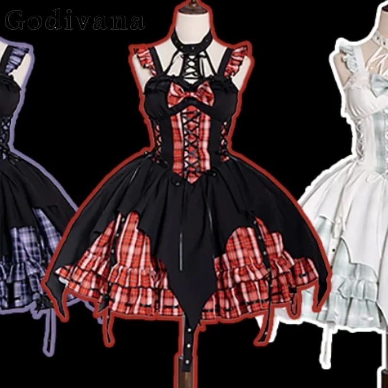 Personality Irregular Subculture Plaid Lolita JSK Halter Neck Dress Fashion Girl High Waist A-line Age Reduction Cake Dresses