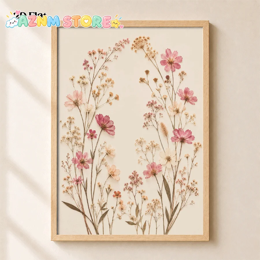 20272D Flat Posters And Prints, Pressed Floral Wall Art Poster, Soft Neutral Canvas Print, Gentle Wildflower Botanical Arrang
