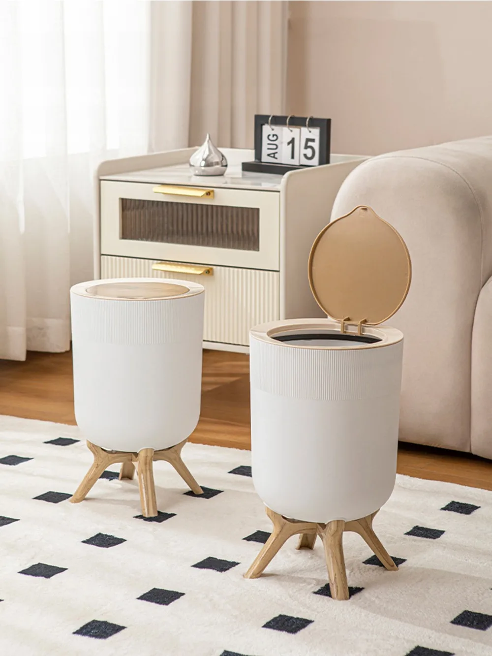 White Circular Wood-Grain Trash Can for Kitchen, Bathroom, Bedroom, Living Room, and Office Trash Bin  Garbage Bin