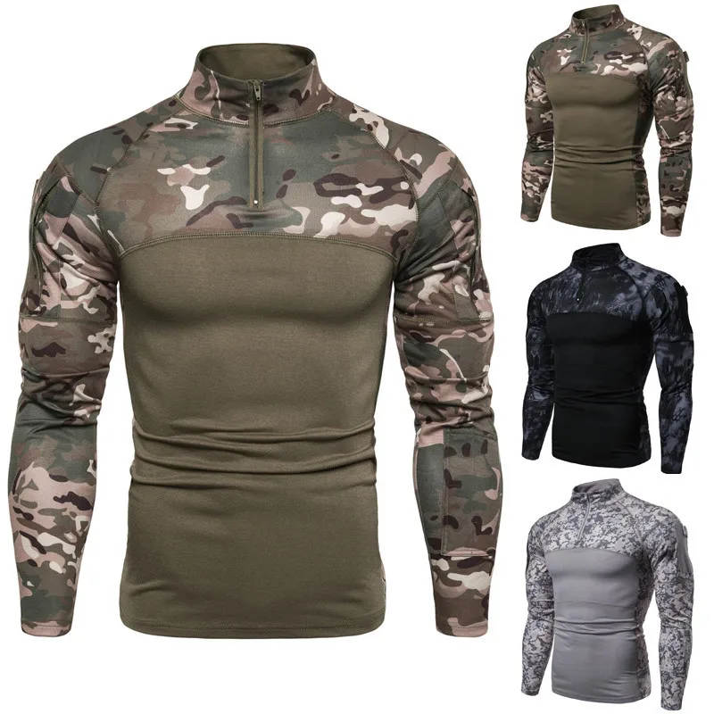 Men's Outdoor Fitness Camouflage Long Sleeve Zipper Pocket T-Shirt