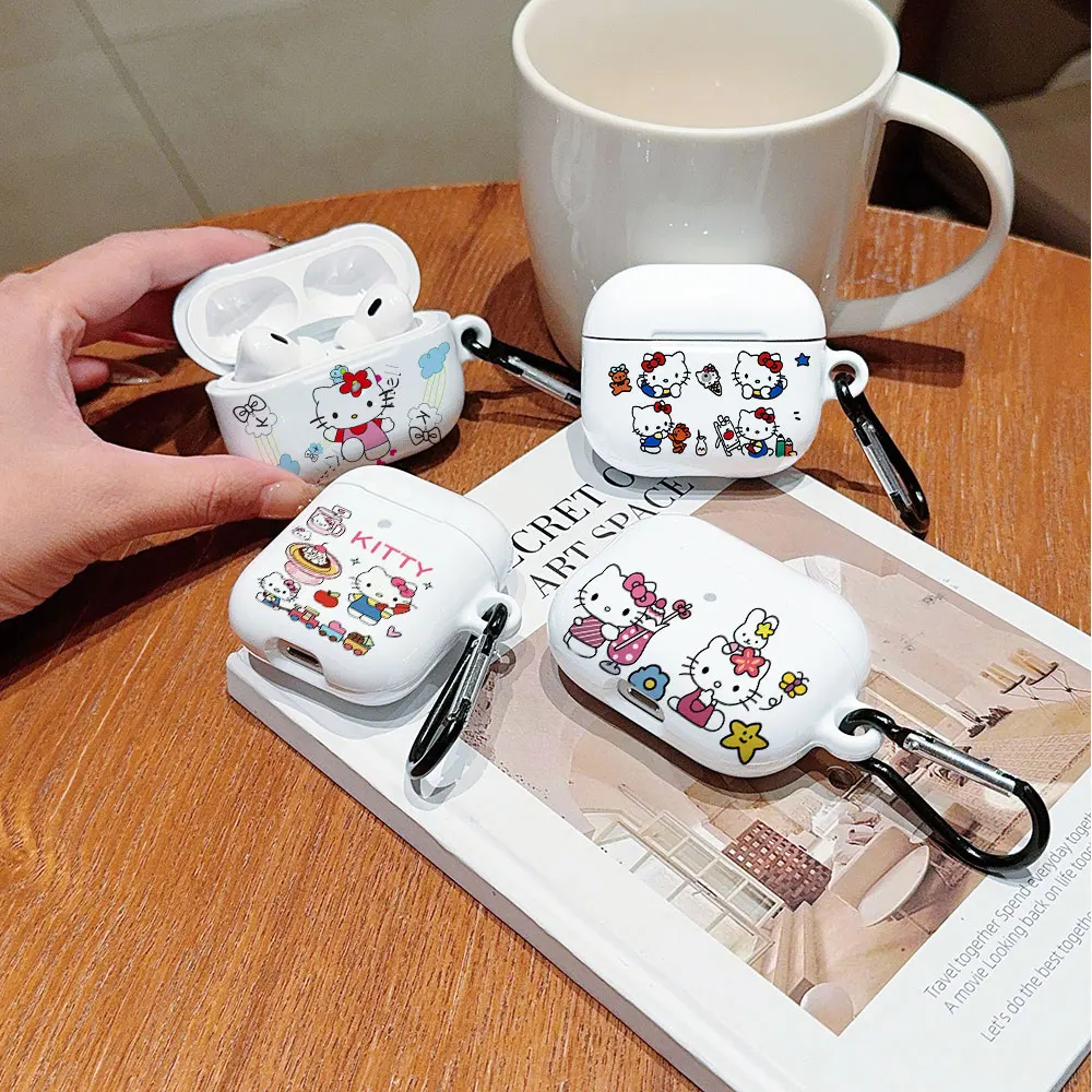

Cute Anime Pink Hello Kitty Shockproof Protective Glossy Hard PC Earphone Cover Case For AirPods 1 2 3 Pro Pro2 with Metal Hook