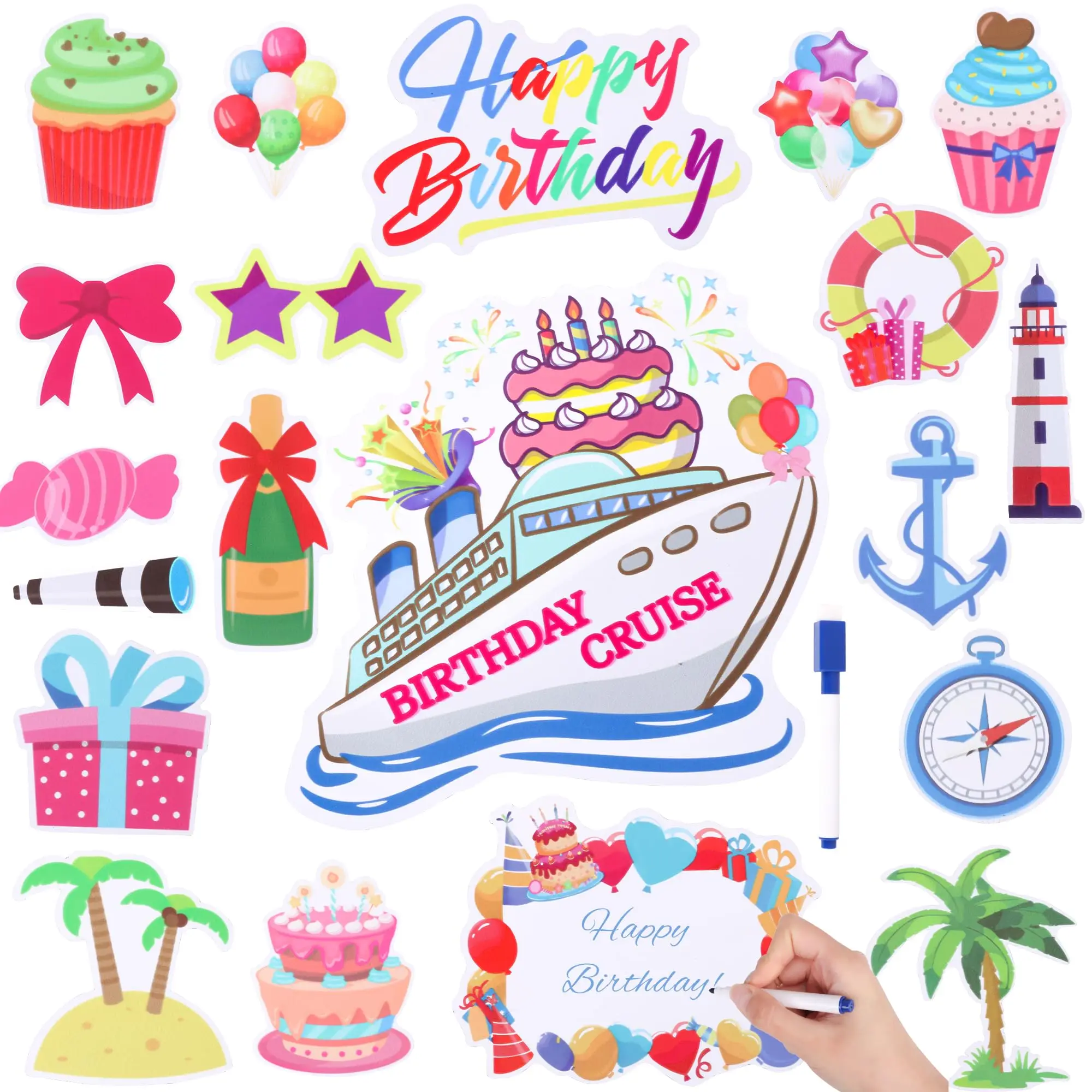 21Pcs Birthday Cruise Door Magnets Decorations Reusable Cruise Ship Magnets Magnetic for Happy Birthday Decor Refrigerator Offic