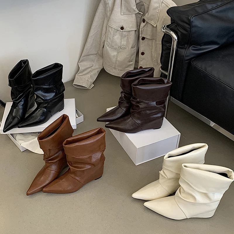 Eilyken New Design Turned-over Edge Pointed Toe Woman Ankle Boots Fashion Wedges Heels Modern Booties Spring Autumn Shoes