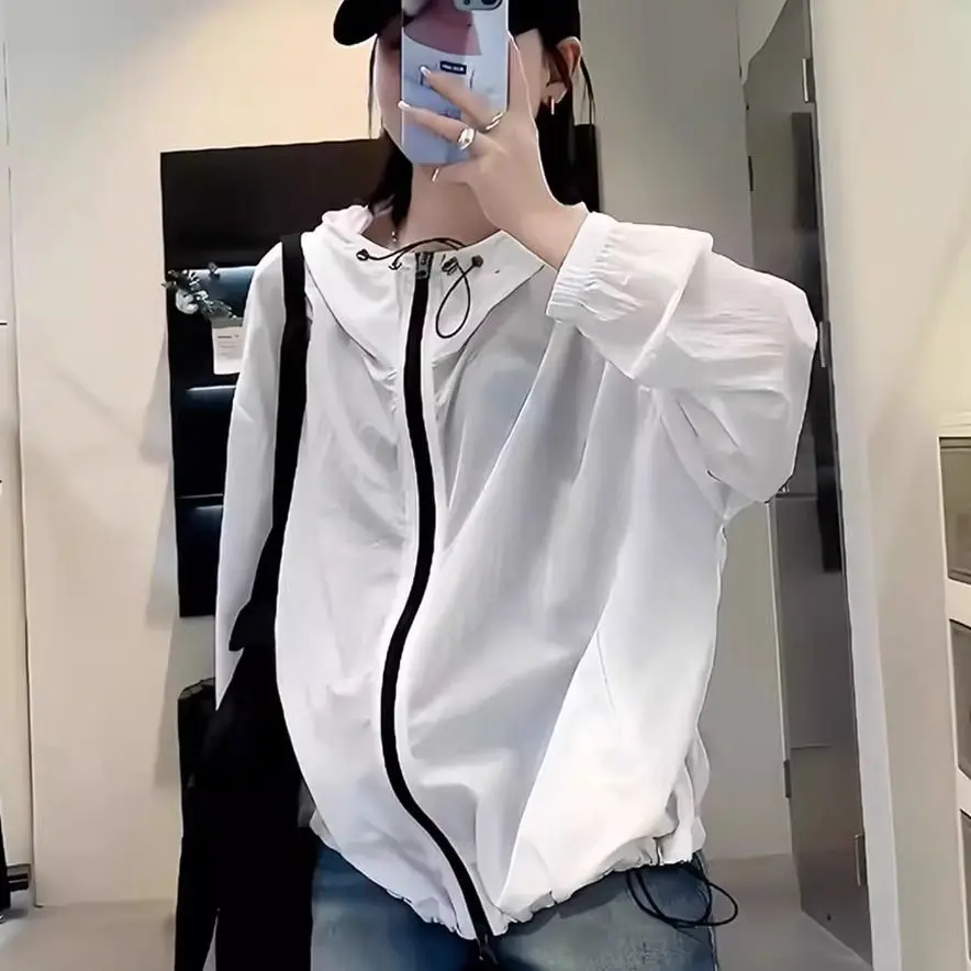 European Sunscreen Clothes Women's 2026 Summer Breathable Contrasting Zipper Loose Hooded Thin
