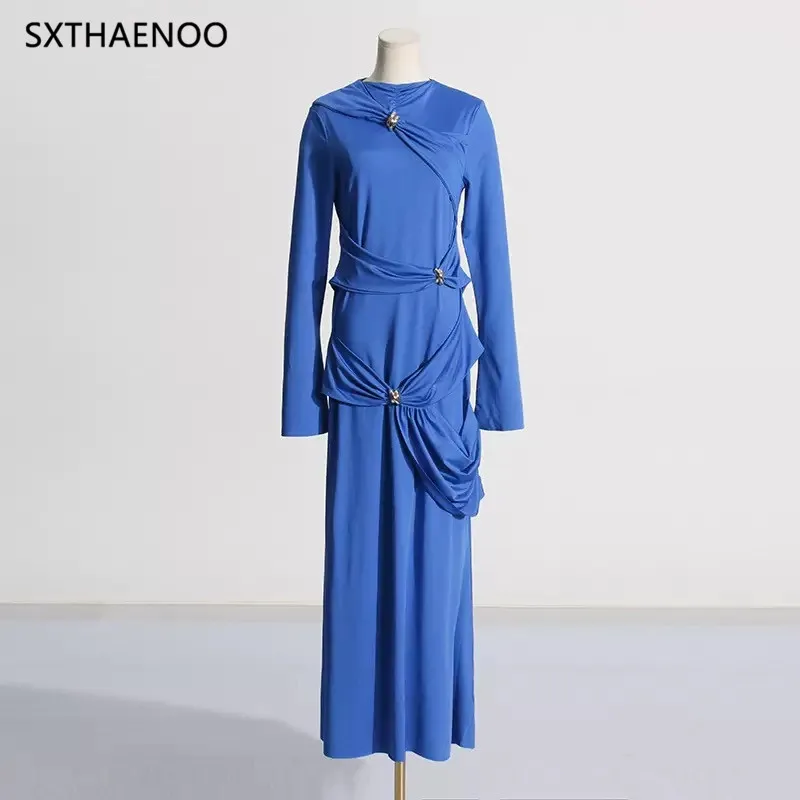 SXTHAENOO Effen Onregelmatige Jurken Voor Vrouwen Ronde Hals Lange Mouw Hoge Taille Afslanken Gesplitste Metalen Gesp Lange Jurk Vrouwelijke