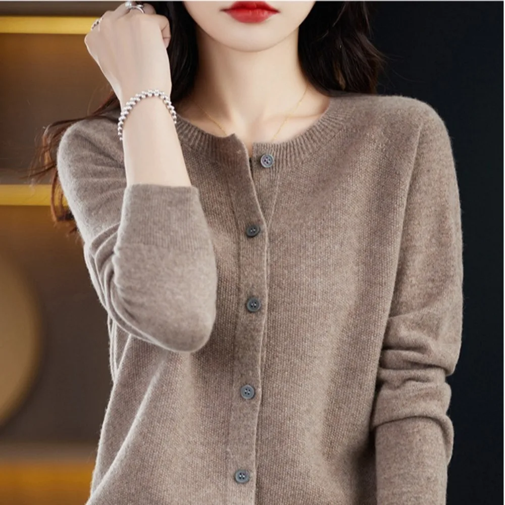 Loose Basic Knitted Cardigan Solid Color Pure Color Classic Lady Knitwear Single Breasted Crew Neck Long Sleeve Sweater