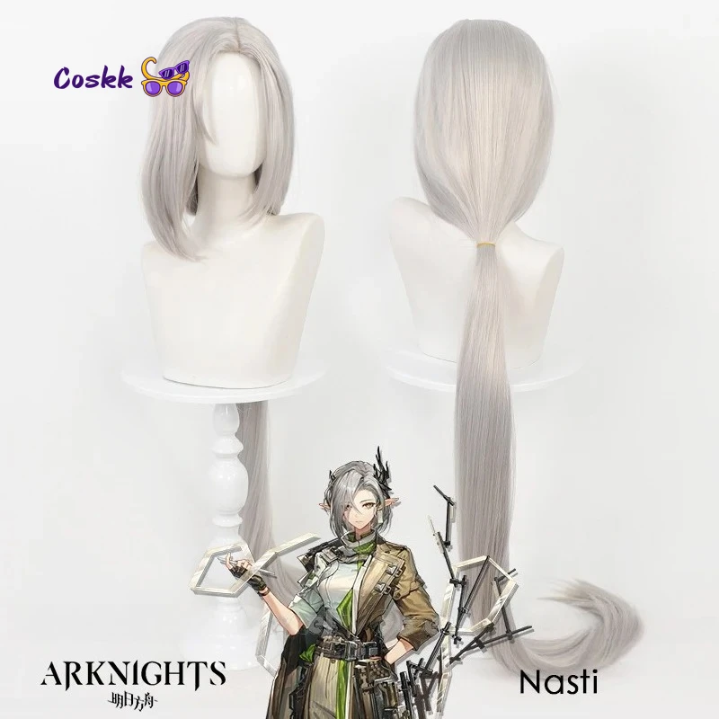 

Arknights Nasti Cosplay Wig Long Silver-gray Ponytail with Middle Part Bangs Heat Resistant Synthetic Wigs Women Halloween Party