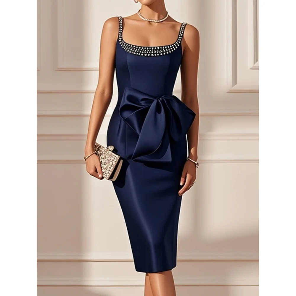 

Elegant Navy Blue Crystal Strap Sleeveless Evening Party Dresses with Bow Fashion Formal Knee Length Party Dresses Customized