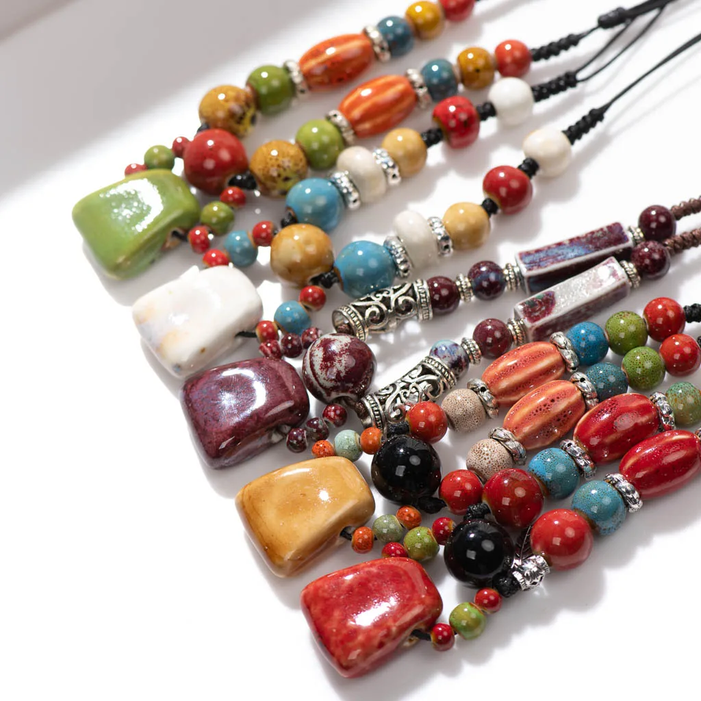 Bohemian Style Ceramic Beaded Colorful Necklace Handmade Knitted Sweater Chain Mom\'s Gift Drop Shipping 2X841