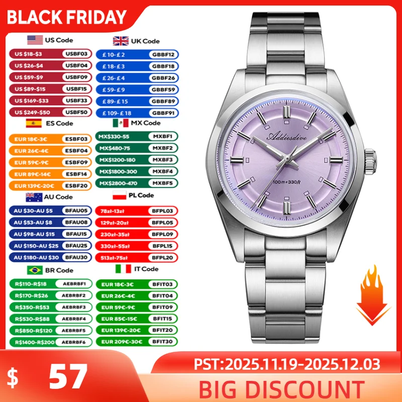 

ADDIESDIVE Men's Quartz Watch Super Luminous 36mm Bubble Mirror Glass Waterproof Watch For Man Luxury Stainless Steel Man Watch