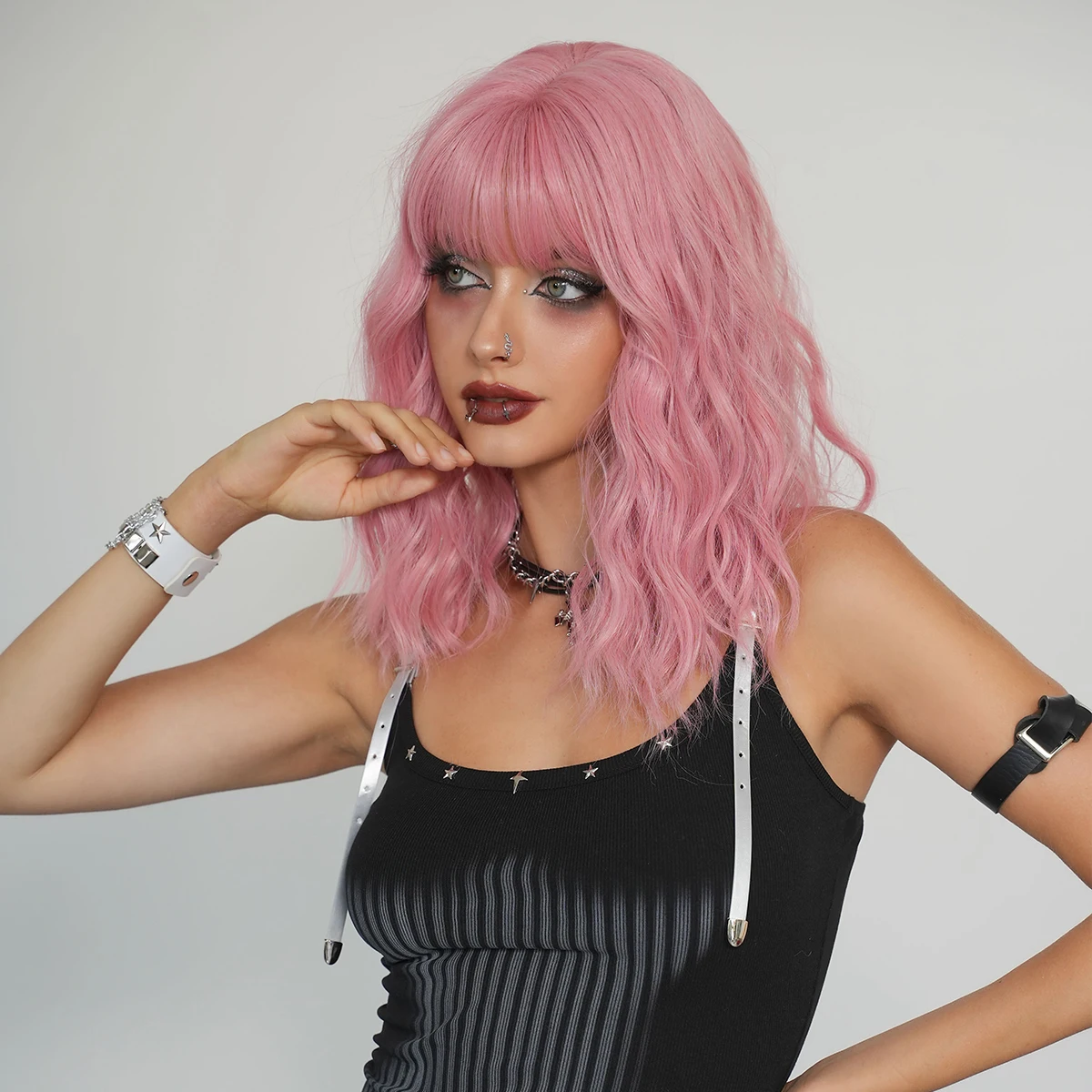 7JHH WIGS Shoulder Length Water Wave Pink Wig for Women Synthetic Heat-Resistant Modest Fashion Wear and Go Wigs with Neat Bangs - view 3
