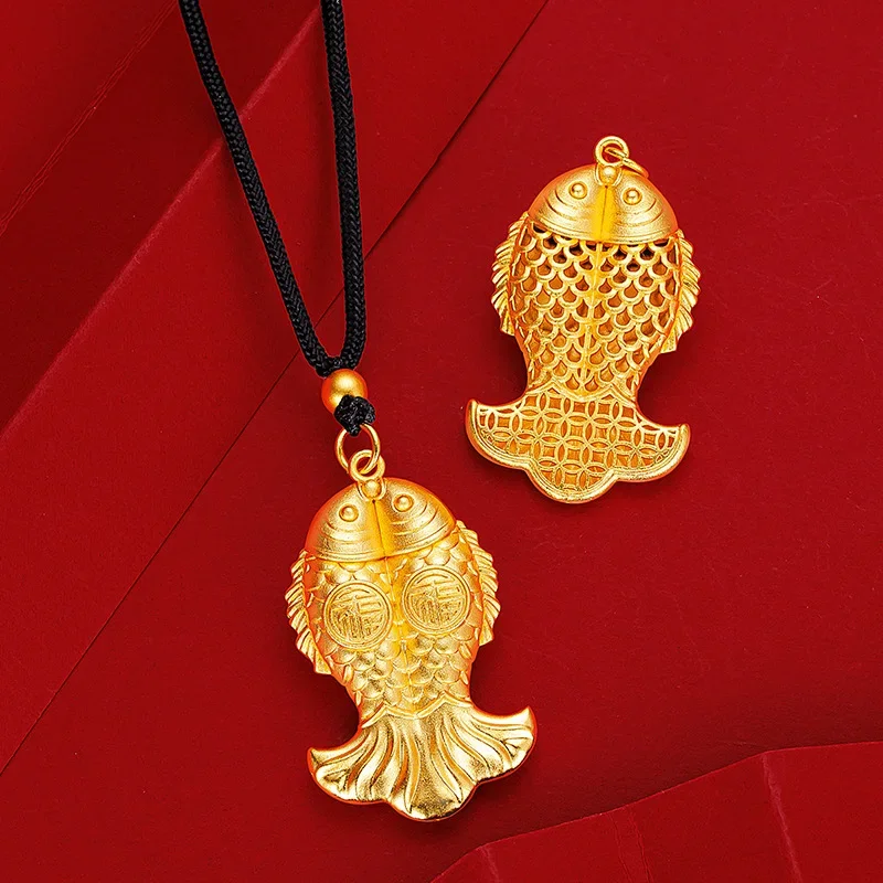 9999 Real Gold 24K Ancient Gold Pisces Pendant Ethnic Style Gold Color Hollow Fu Character Carp Pendant