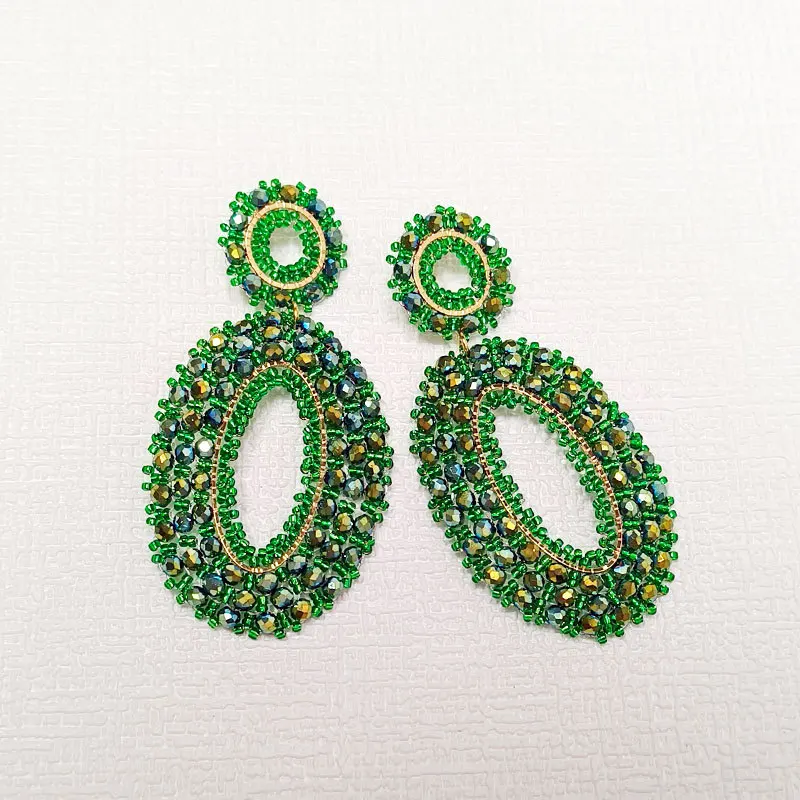 Rice bead earrings Exaggerate Crystal Geometry Ellipse Hand knitting Bohemia Alloy Fashion Simple Beaded earrings