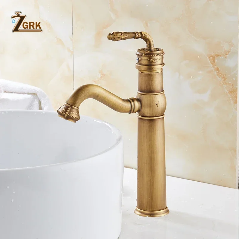 ZGRK Basin Faucets Classic Hot Cold Mixer Taps Single Handle Antique Brass Antique luxury Gravity Casting Deck Mounted Sink Tap