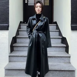 New Korean PU Trench Women Fashion Loose Thin Long Sleeved Coats Woman Autumn Long Leather Jacket