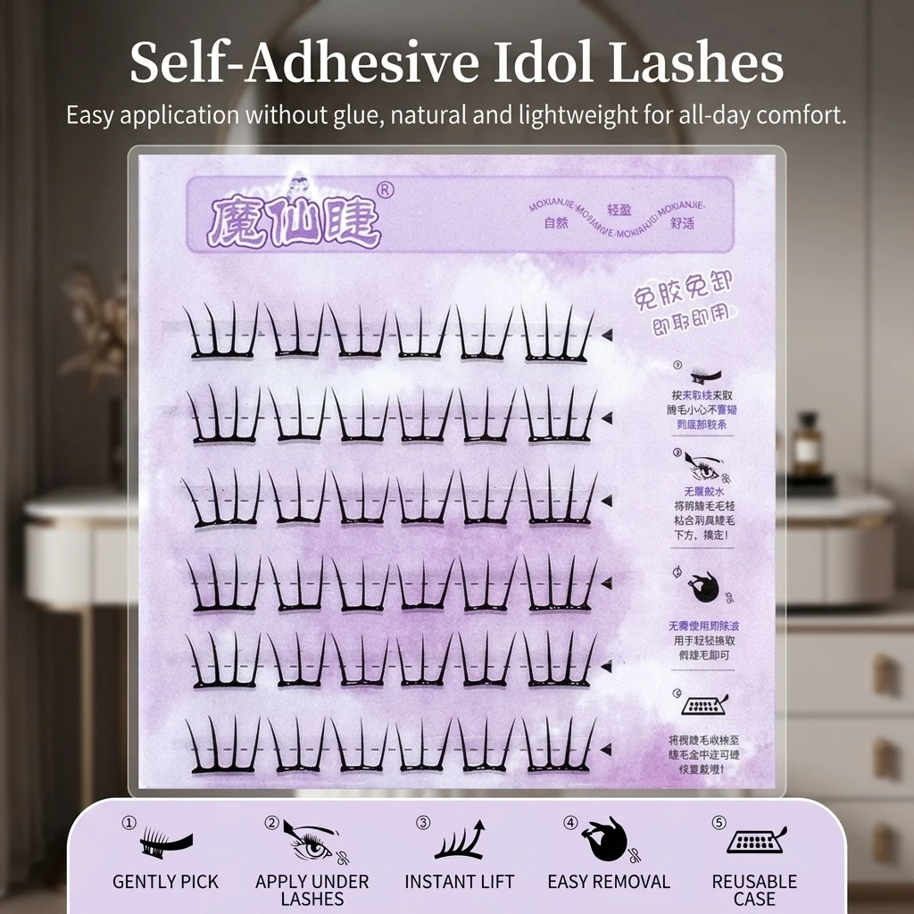 6rows Small Thin Korean False Eyelashes Synthetic Fiber Segmented Lashes Glue-free Natural C Curl For Daily Date Makeup Longwear