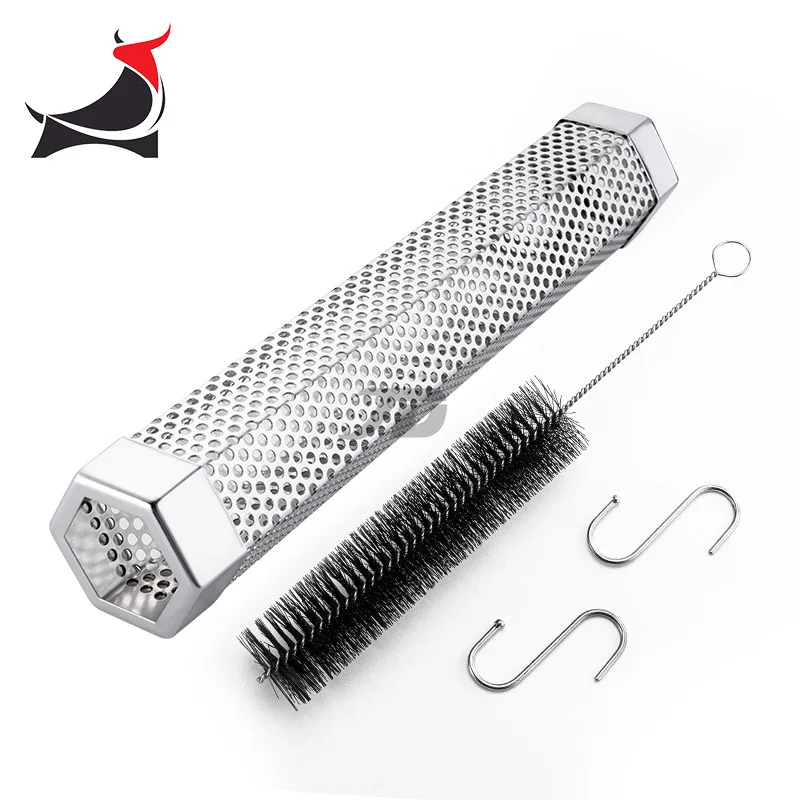 

304 Stainless Steel Smoking Tube Six Diamond Shaped Fruit Wood Barbecue Box BBQ Tool 1 Brush 2 Hooks+1silicone Oil Brush Set