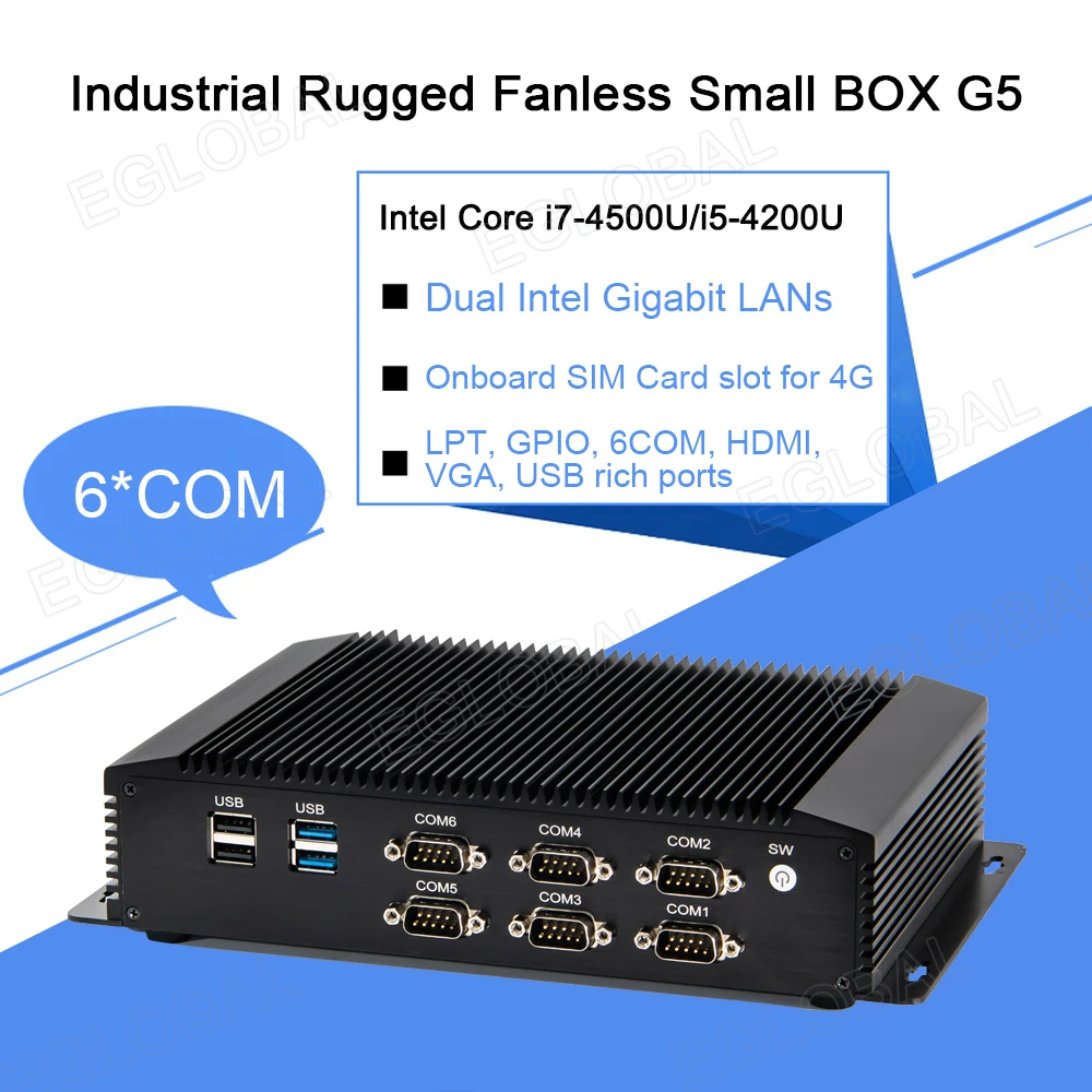 EGLOBAL-Mini PC Industrial, Computador Desktop, Intel Core i7-4650U, i5-4200U, Dual LAN, 6 * COM, Windows 10, Linux, HDMI, GPIO