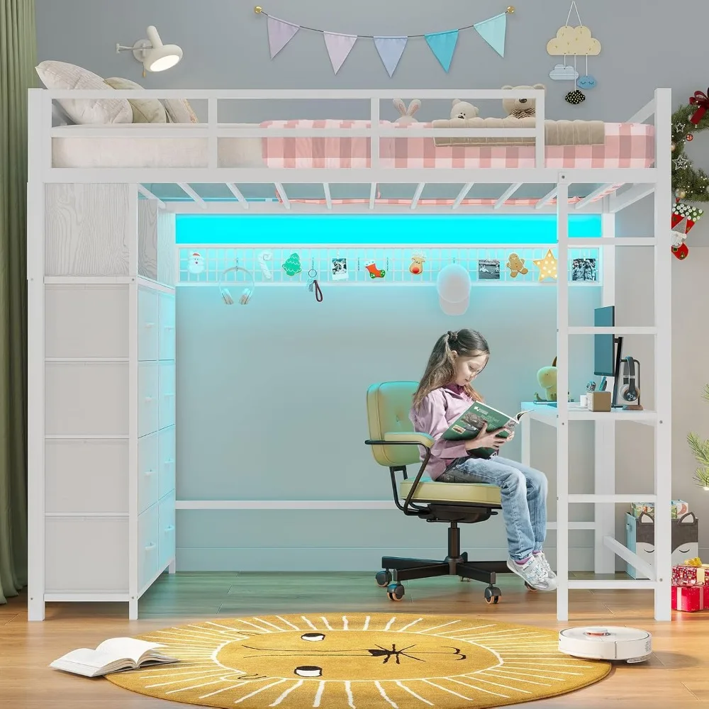 Łóżko piętrowe metalowe Twin Size z biurkiem, 8 szufladami, oświetleniem LED i stacją ładującą dla dzieci