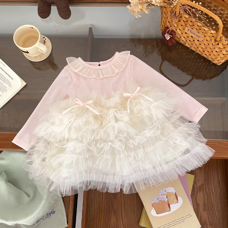 Cute Girl's Pink Princess Dress Sweet Mesh Splicing Cake Dresses 2026 Spring Autumn O-neck Long Sleeve Top