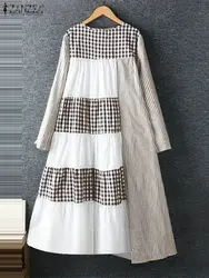 ZANZEA Women Harajuku Plaid Striped Long Dress Fashion Patchwork Long Sleeve Vestidos Summer Loose Robe Casual A-Line Midi Dress