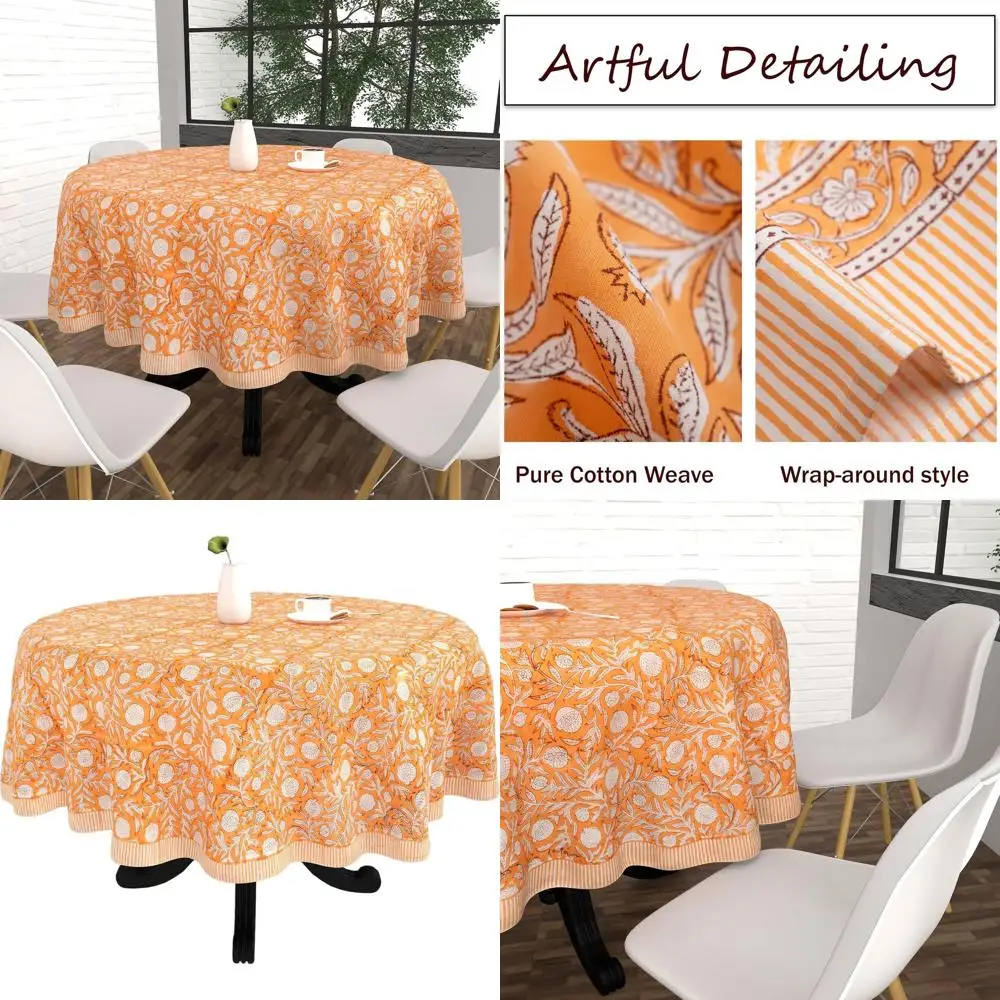 

Круглая хлопковая скатерть 72 дюйма - с красным цветочным узором "Гранатовая роща", ручная набивка методом блок-принт | Моющийся чехол для столовой мебели, для праздников и свадеб