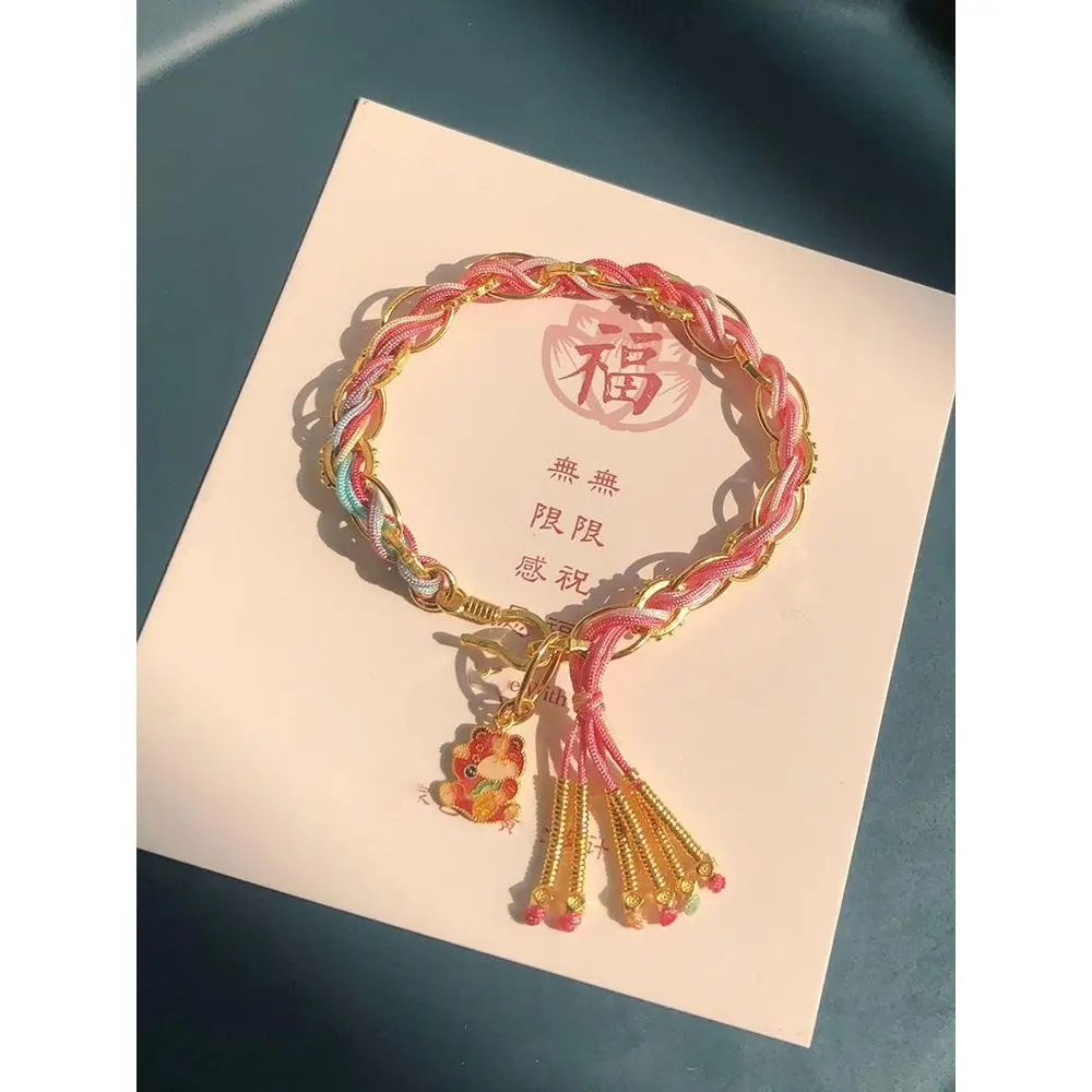 Ancient Gold Color High Temperature Burning Blue Handmade Wire Han Rope Tassel Cute Girl Heart Big O Chain Gold Plated Bracelet