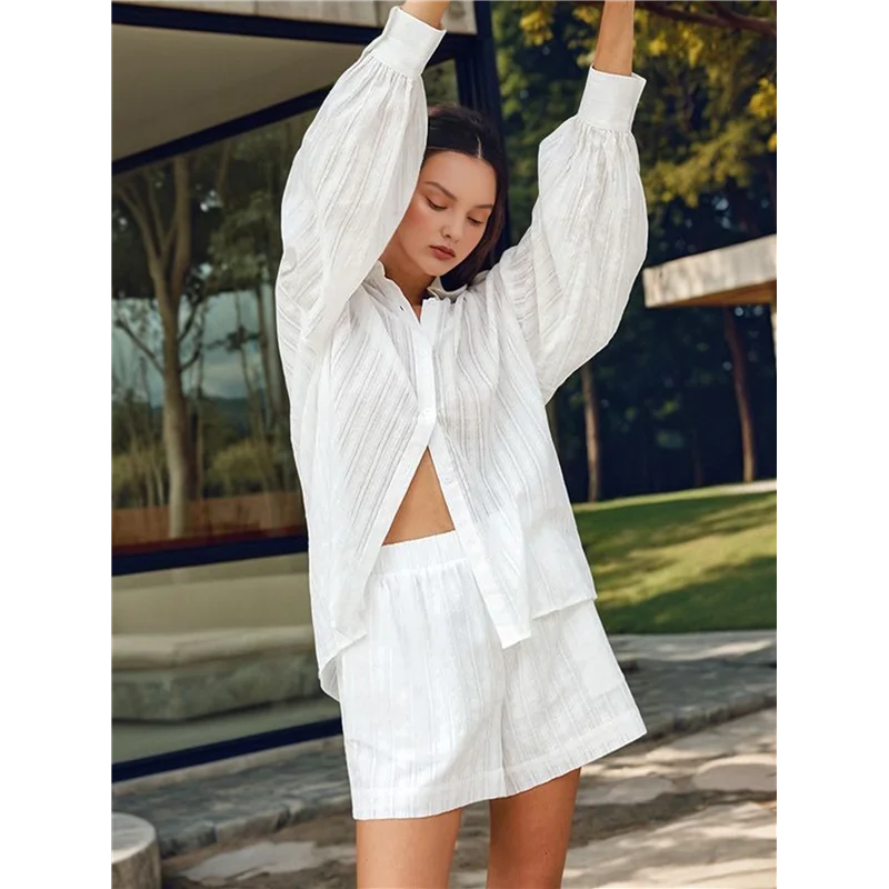 CYL-2 Piece Sets For Women Summer Oversized White Shirt And Shorts Sets For Women 2 Piece Outfits Vacation Sets